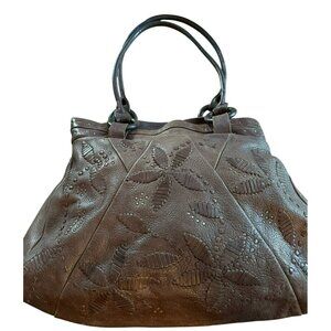 J Jill Embroidered Brown Leather Tote Bag With Floral Design & Ring Handles